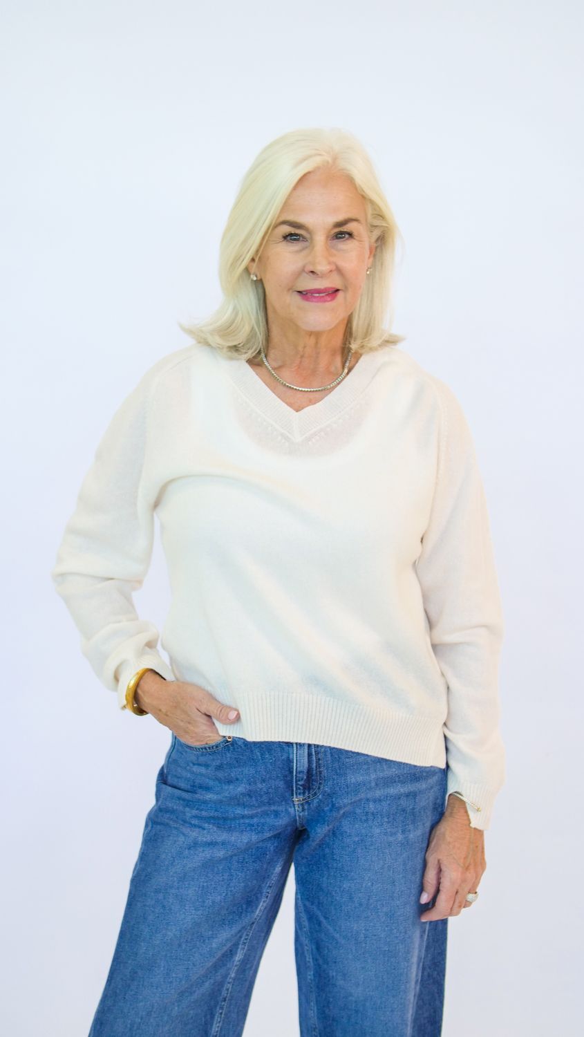 COCOLINA MINI V-NECK SWEATER, Color: ORGANIC WHITE, Size: 2/MEDIUM