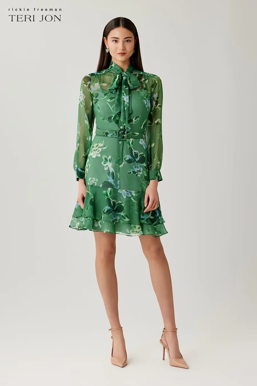 CHIFFON FLORAL TIE NECK TIERED DRESS 26334D