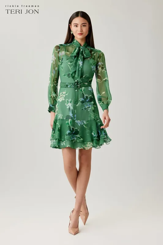 CHIFFON FLORAL TIE NECK TIERED DRESS 26334D