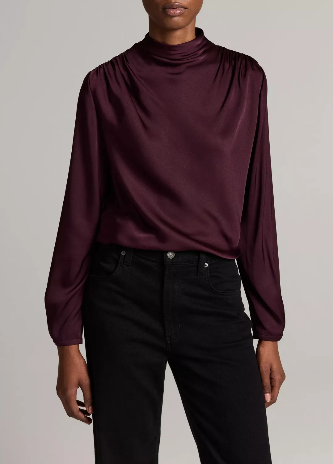 SILK-BLEND DRAPED COWL-NECK LONG SLEEVE TOP