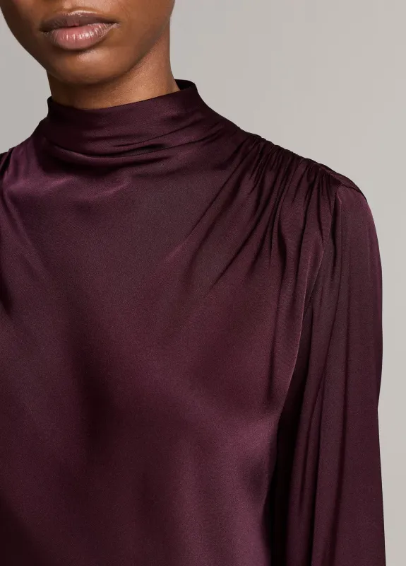 SILK-BLEND DRAPED COWL-NECK LONG SLEEVE TOP