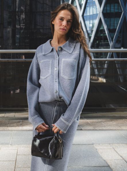 MIA GREY WOOL SHIRT JACKET WITH CONTRASTING TOPSTITCHING