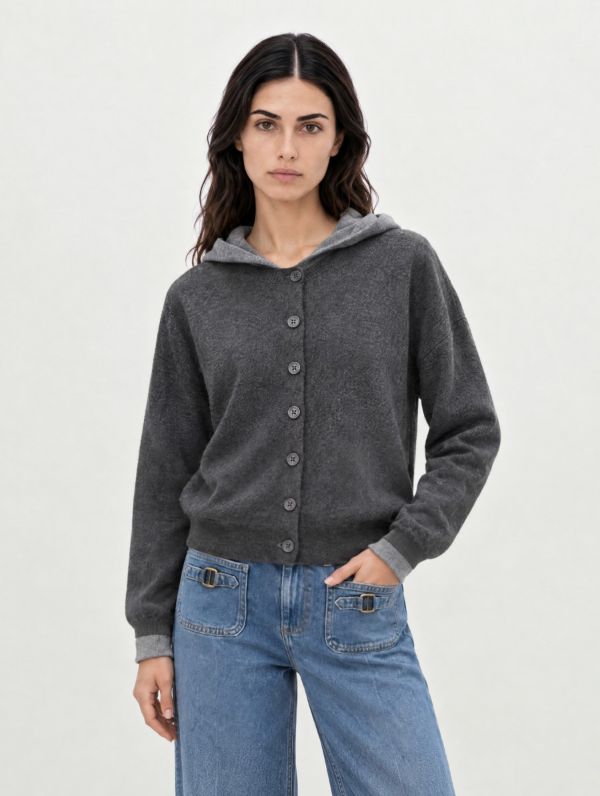 WOOL CARDIGAN WITH CONTRASTING HOOD