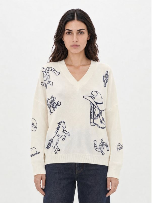 KNIT WOOL SWEATER WITH WESTERN EMBROIDERY