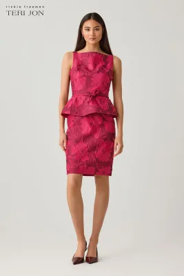 JACQUARD FLORAL SLEEVELESS PEPLUM DRESS WITH BOW BELT