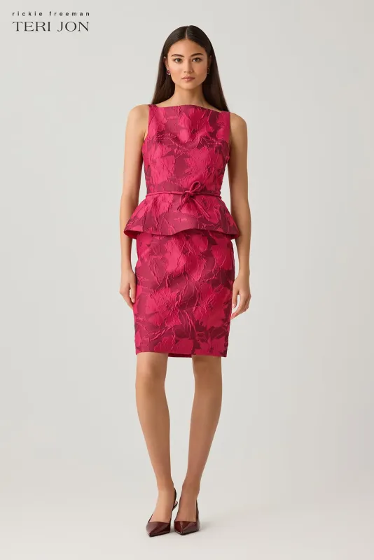 JACQUARD FLORAL SLEEVELESS PEPLUM DRESS WITH BOW BELT
