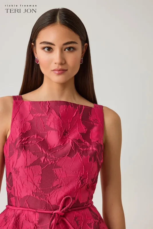JACQUARD FLORAL SLEEVELESS PEPLUM DRESS WITH BOW BELT