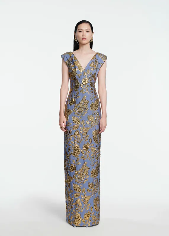 FLORAL FIL COUPE V-NECK GOWN