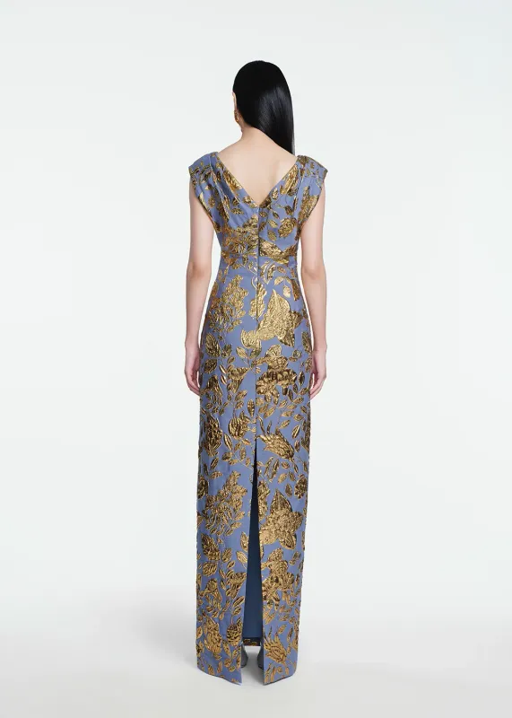FLORAL FIL COUPE V-NECK GOWN