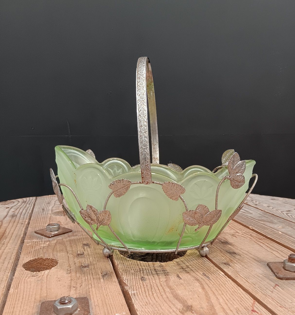 Green Glass bowl in metal carrier