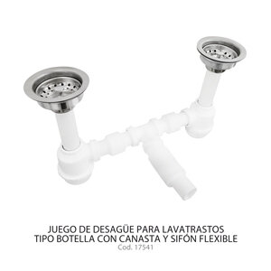 Juego Desagues tipo botella con canasta, sifón flexible para lavatrastos