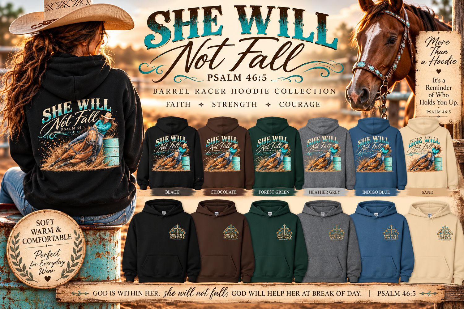 She Will Not Fall™ Barrel Racer Hoodie – Psalm 46:5