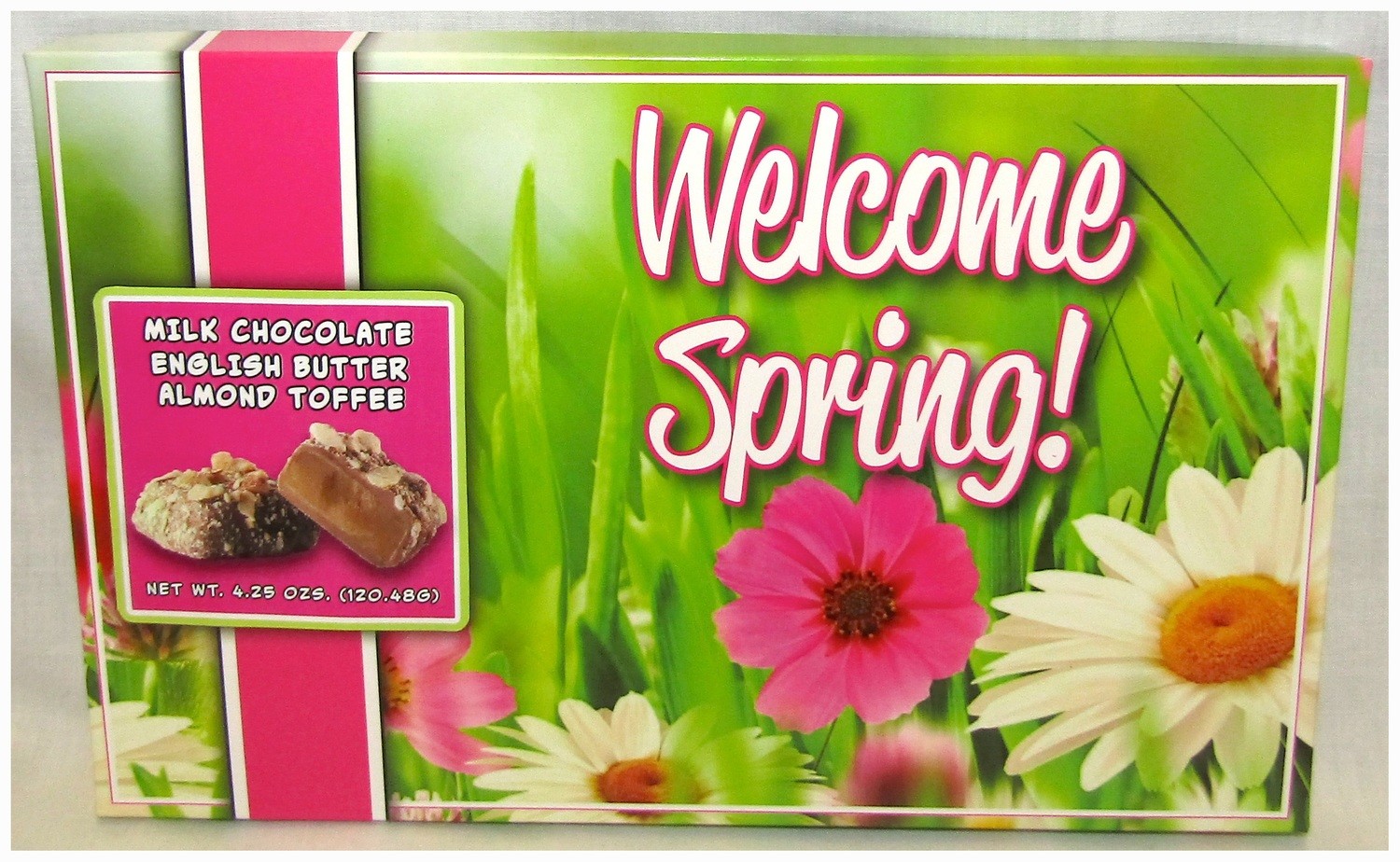 Spring 9.5" x 6" Box Filled With Milk Chocolate English Butter Almond Toffee Net Wt 4.25 Oz
