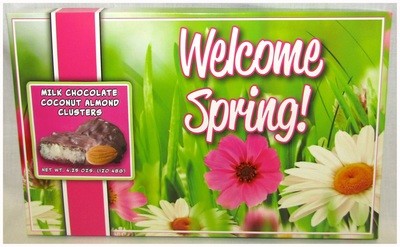 Spring 9.5" x 6" Box Filled With Milk Chocolate Coconut Almond Clusters Net Wt 4.25 Oz