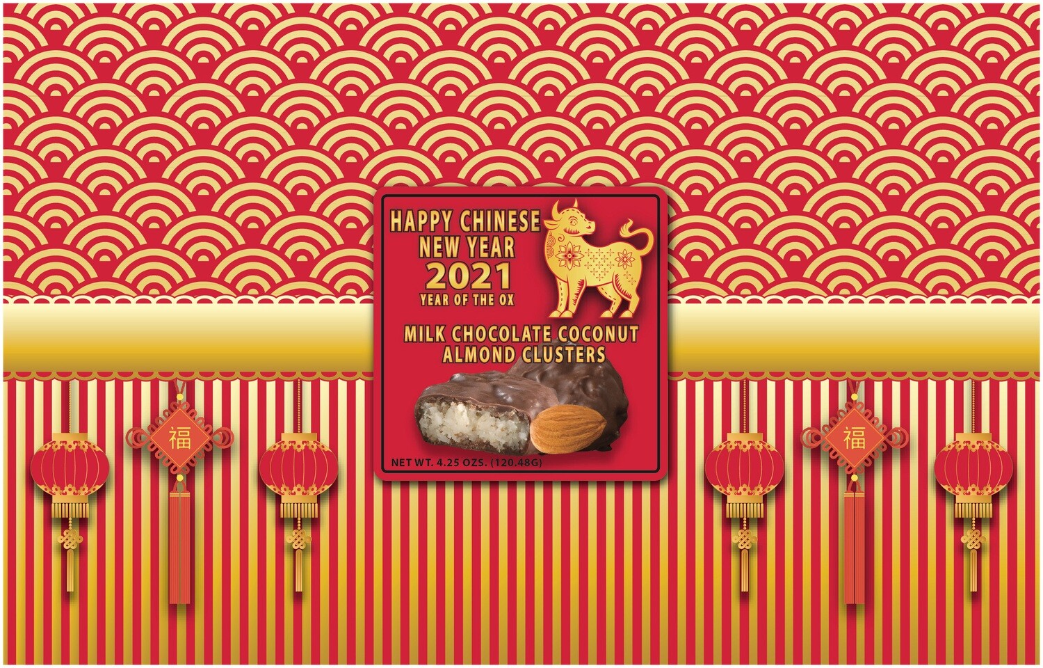 Chinese New Year Box Filled Milk Chocolate Coconut Almond Clusters