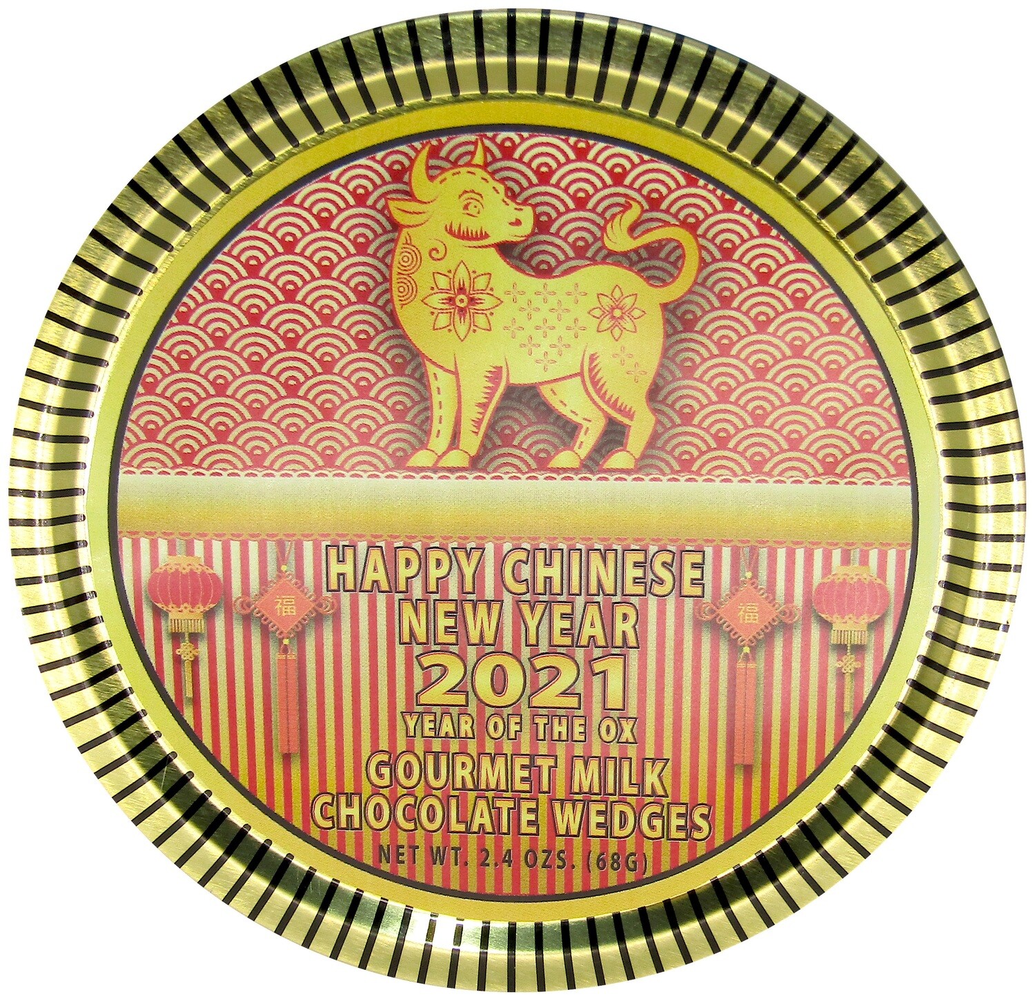 Chinese New Year Gold 4.5" Round Medallion Tin Filled with Gourmet Milk Chocolate Wedges