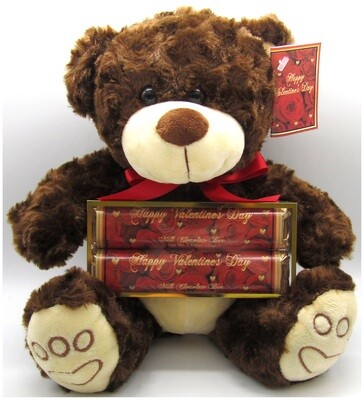 Valentine's Day Rose Plush Bear With 2 Pack Premium Chocolate Bars In Gold Acetate Box