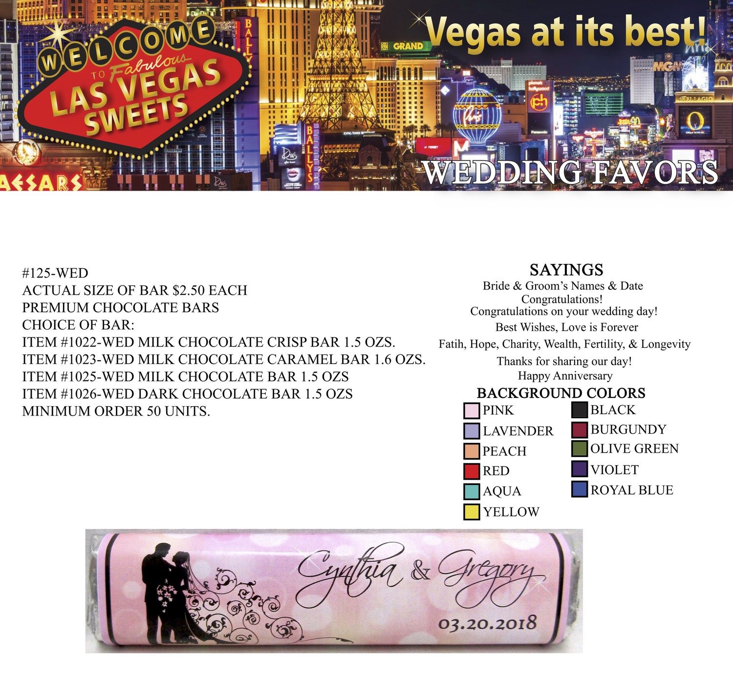 Las Vegas Wedding Favors Medium 1.5 Chocolate Bar