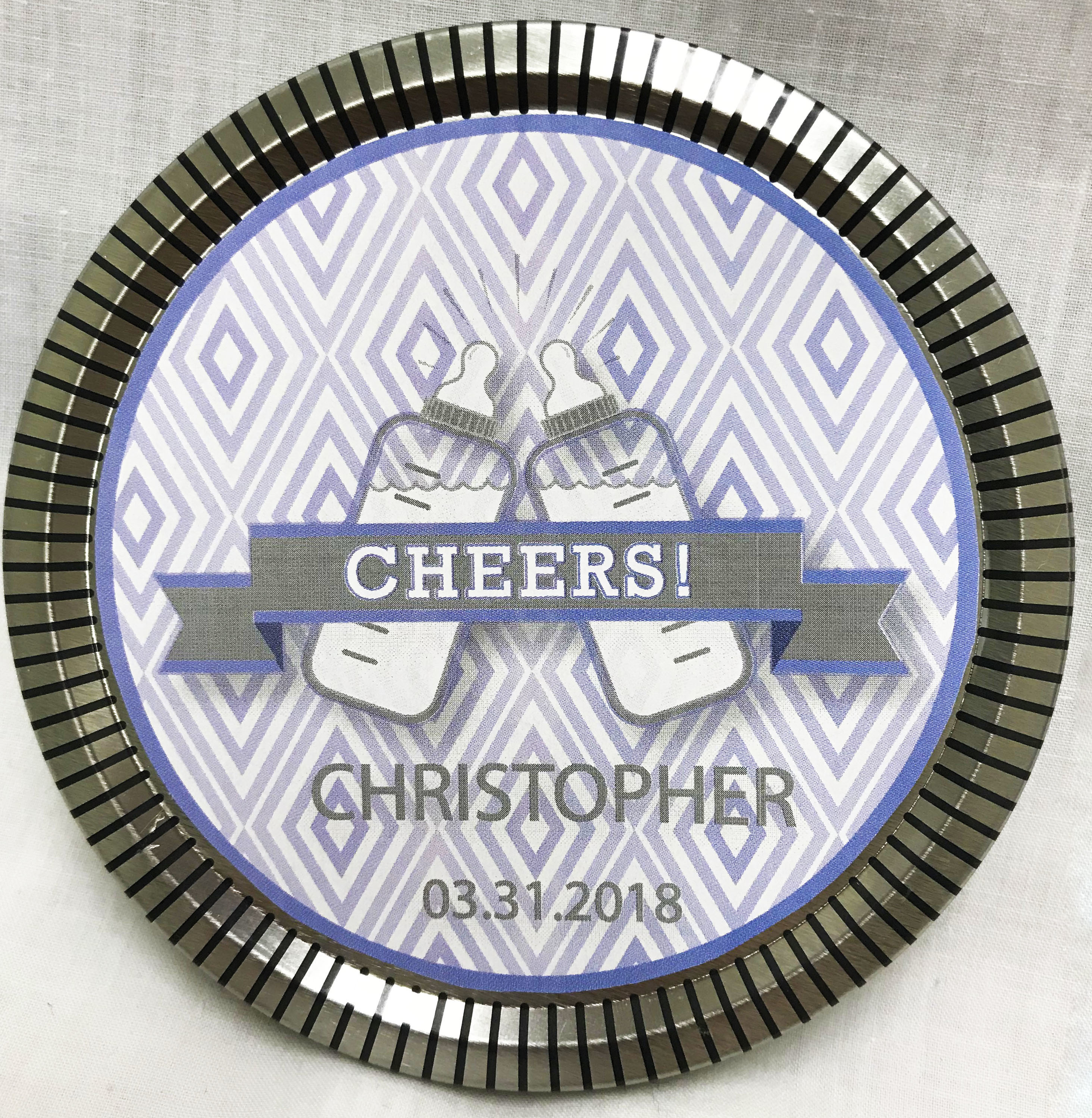 Blue Baby Bottle Medallion Tin with Gourmet Milk Chocolate Wedges