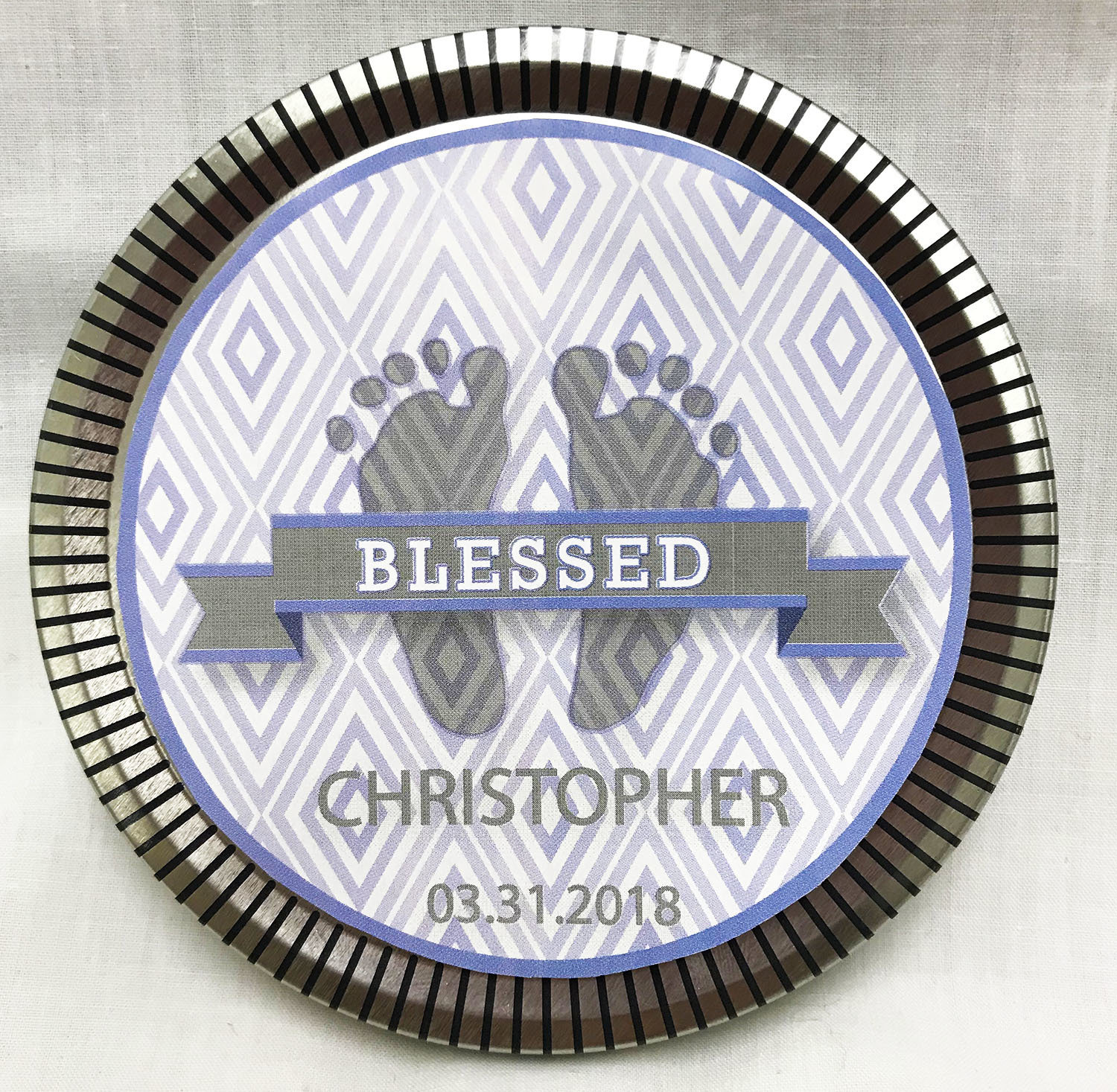 Blue Baby Feet Medallion Tin with Gourmet Milk Chocolate Wedges