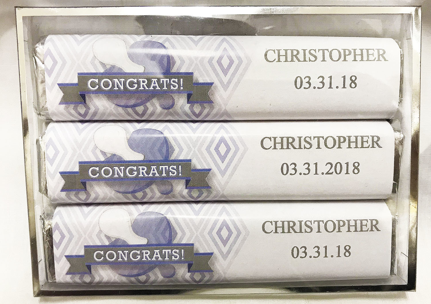 Blue Baby Pacifier 3 Pack Candy Bars (Caramel (2) and Crisp (1))