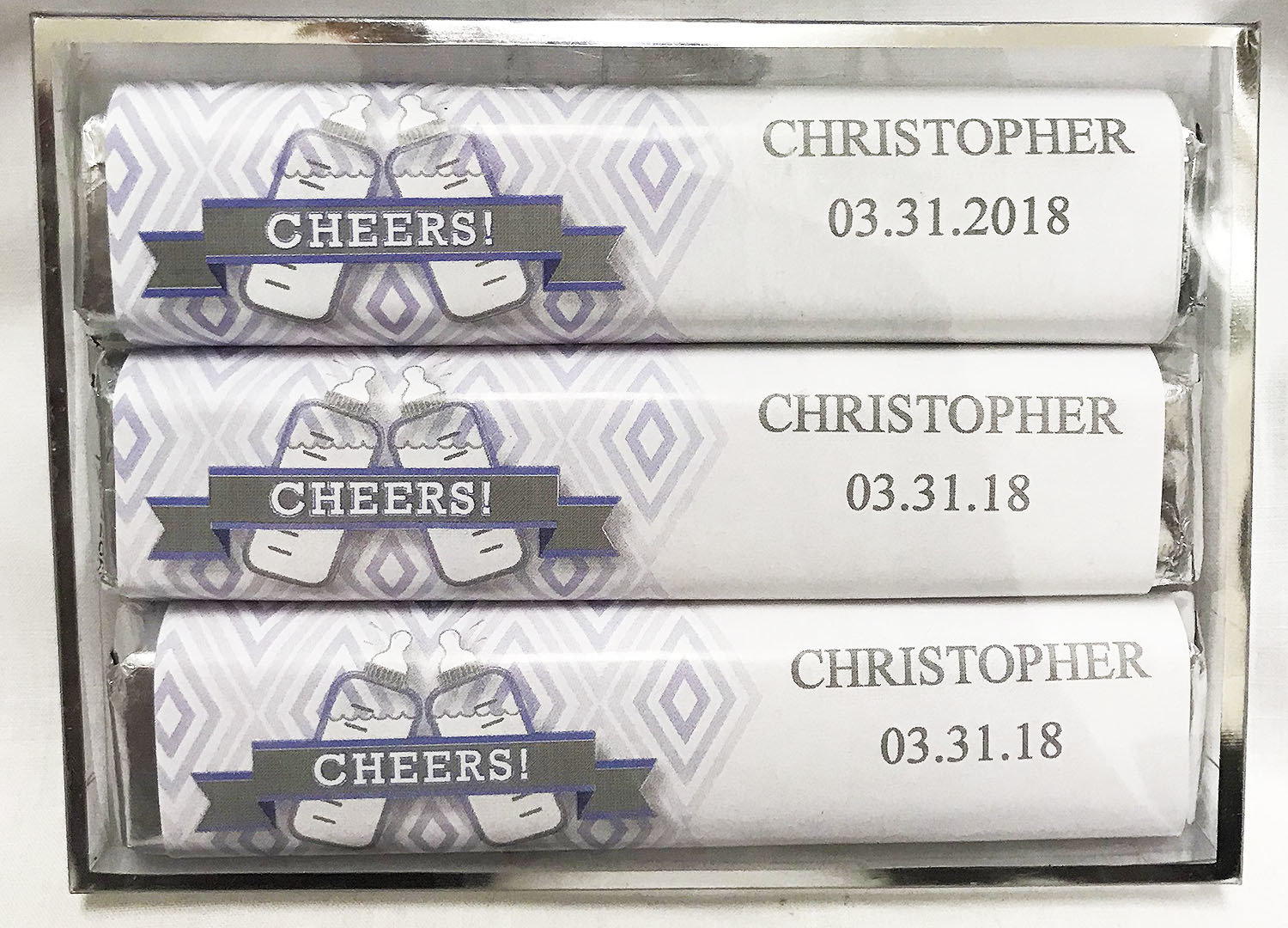 Blue Baby Bottle 3 Pack Candy Bars (Caramel (2) & Crisp (1))