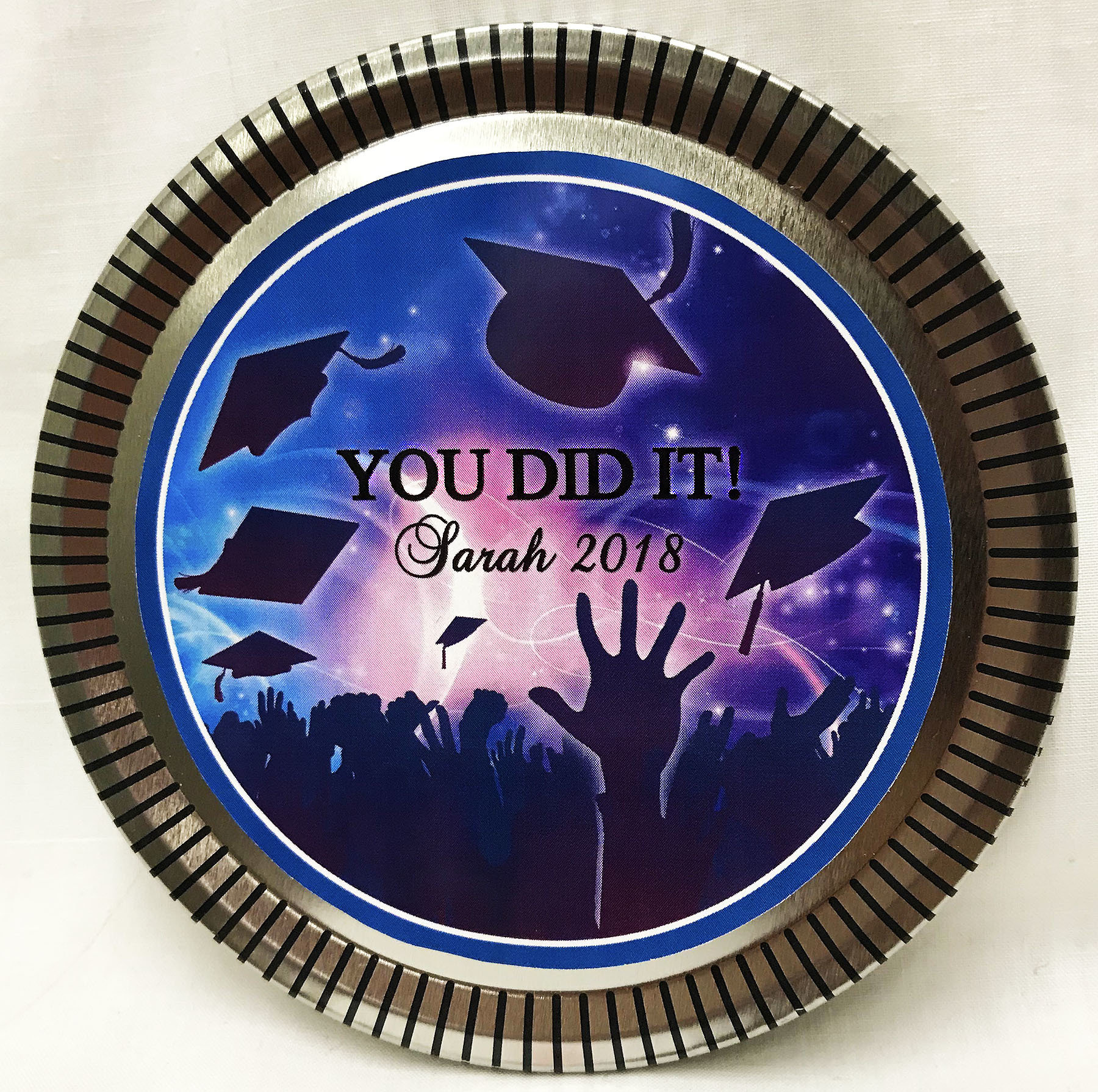 Graduation Celebrate Medallion Tin with Gourmet Milk Chocolate Wedges