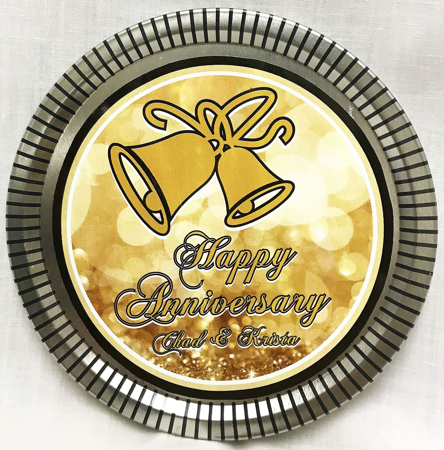 Gold Anniversary Silver Medallion Tin with Gourmet Milk Chocolate Wedges