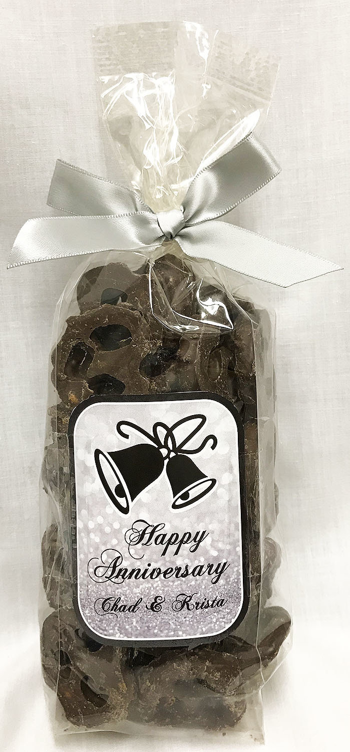 Silver Anniversary Milk Chocolate Covered Pretzels in a Bag