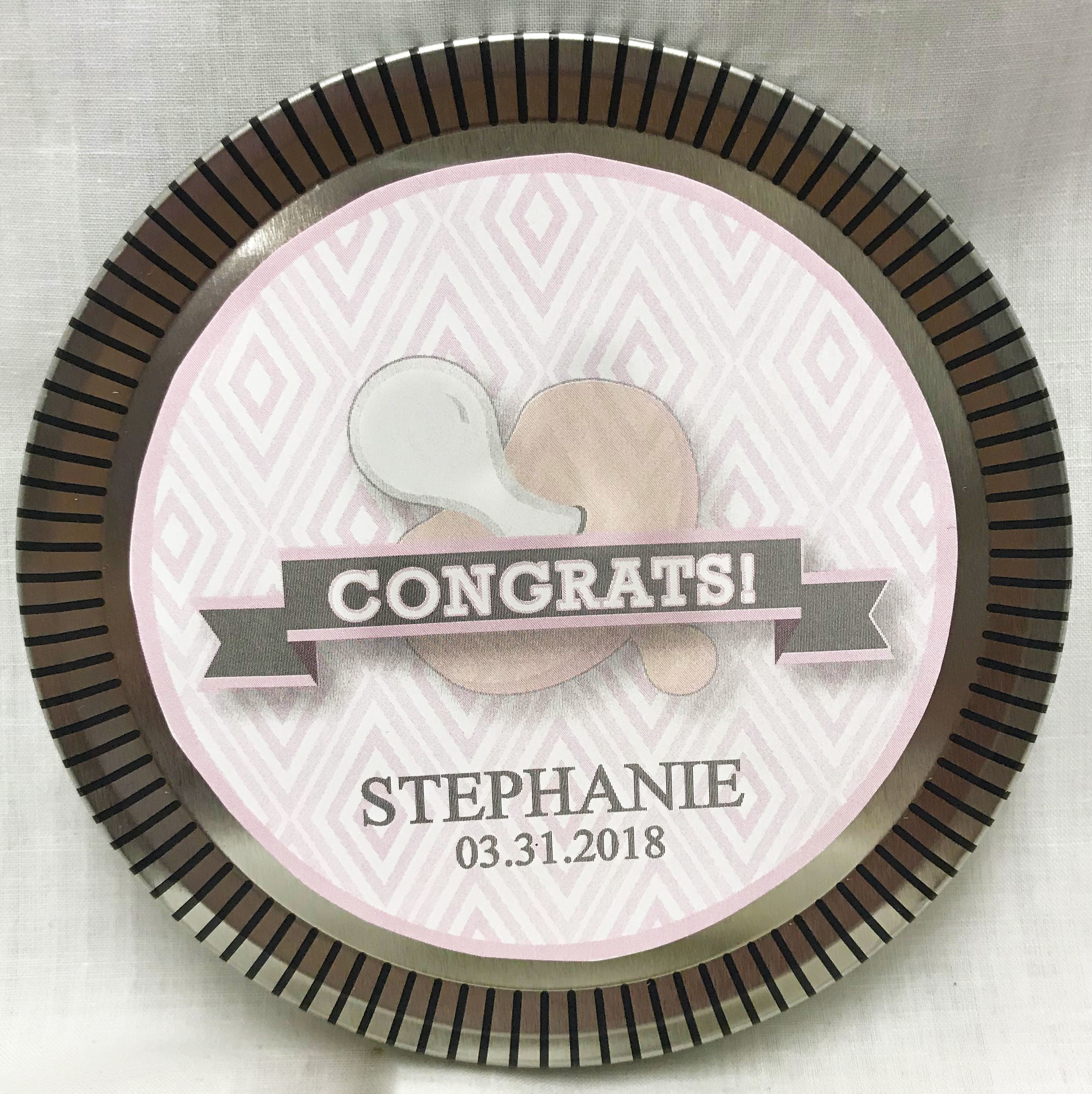 Pink Baby Pacifier Medallion Tin with Gourmet Milk Chocolate Wedges