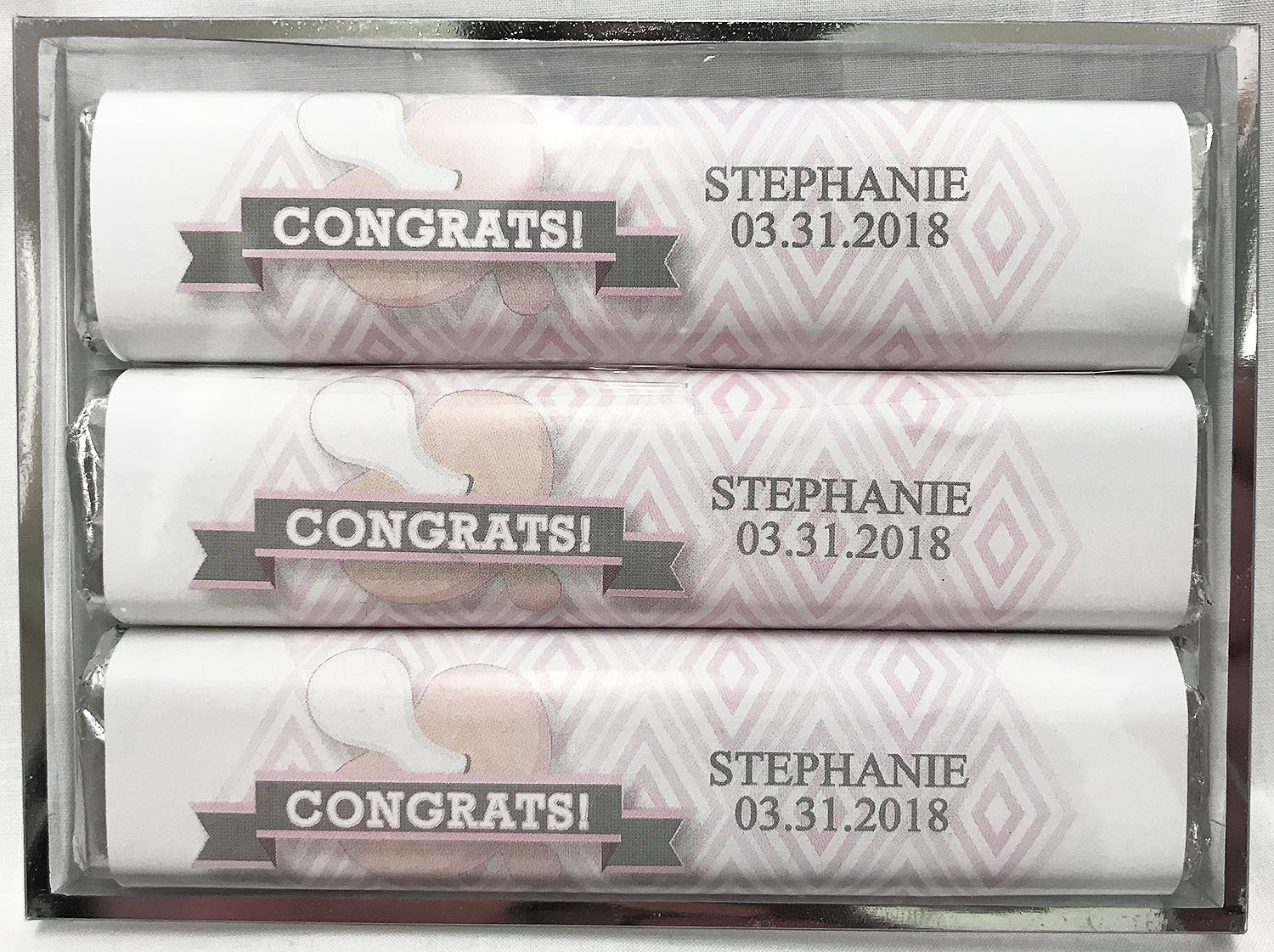 Pink Baby Pacifier 3 Pack Candy Bars (Caramel (2) & Crisp (1))