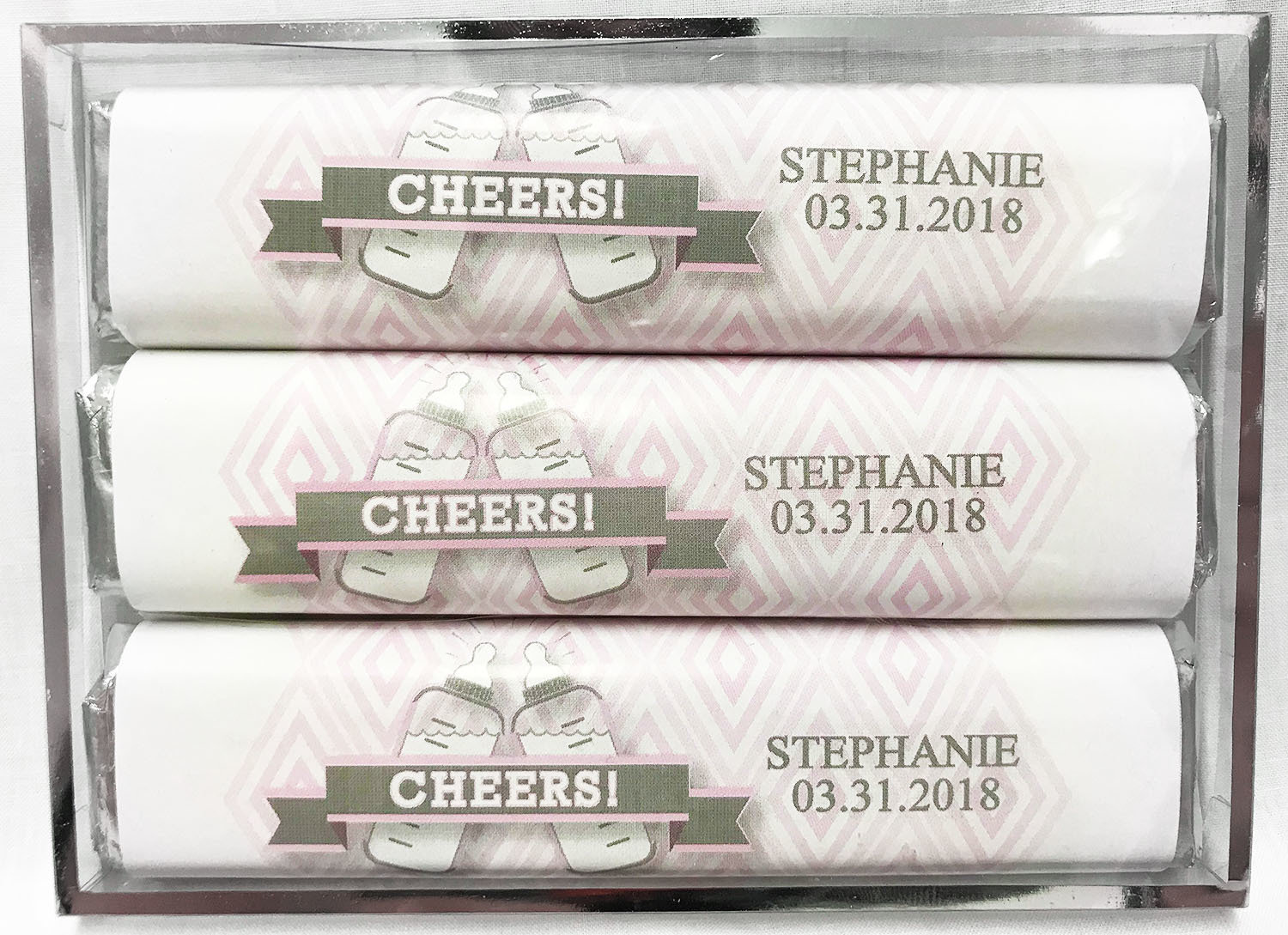 Pink Baby Bottle 3 Pack Candy Bars (Caramel (2) & Crisp (1))