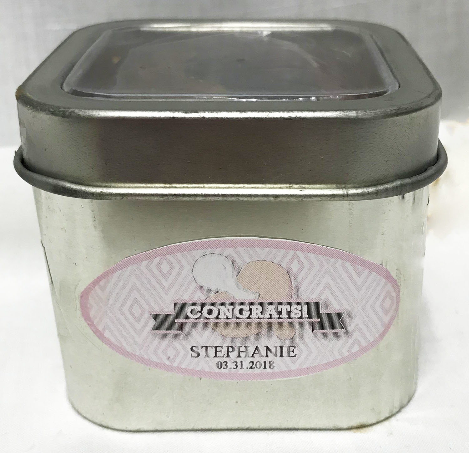 Pink Baby Pacifier Short Silver Tin Filled with Any Candy