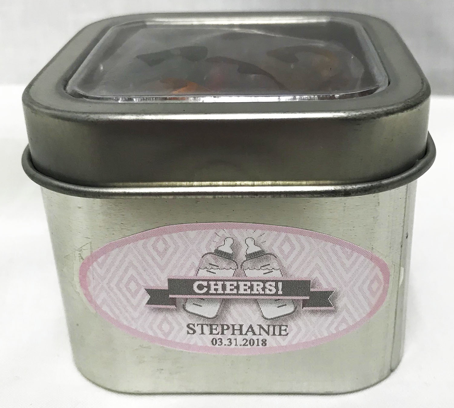 Pink Baby Bottle Short Silver Tin Filled with Any Candy