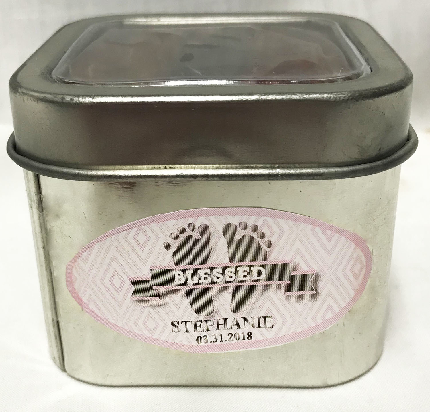 Pink Baby Feet Short Silver Tin Filled with Any Candy