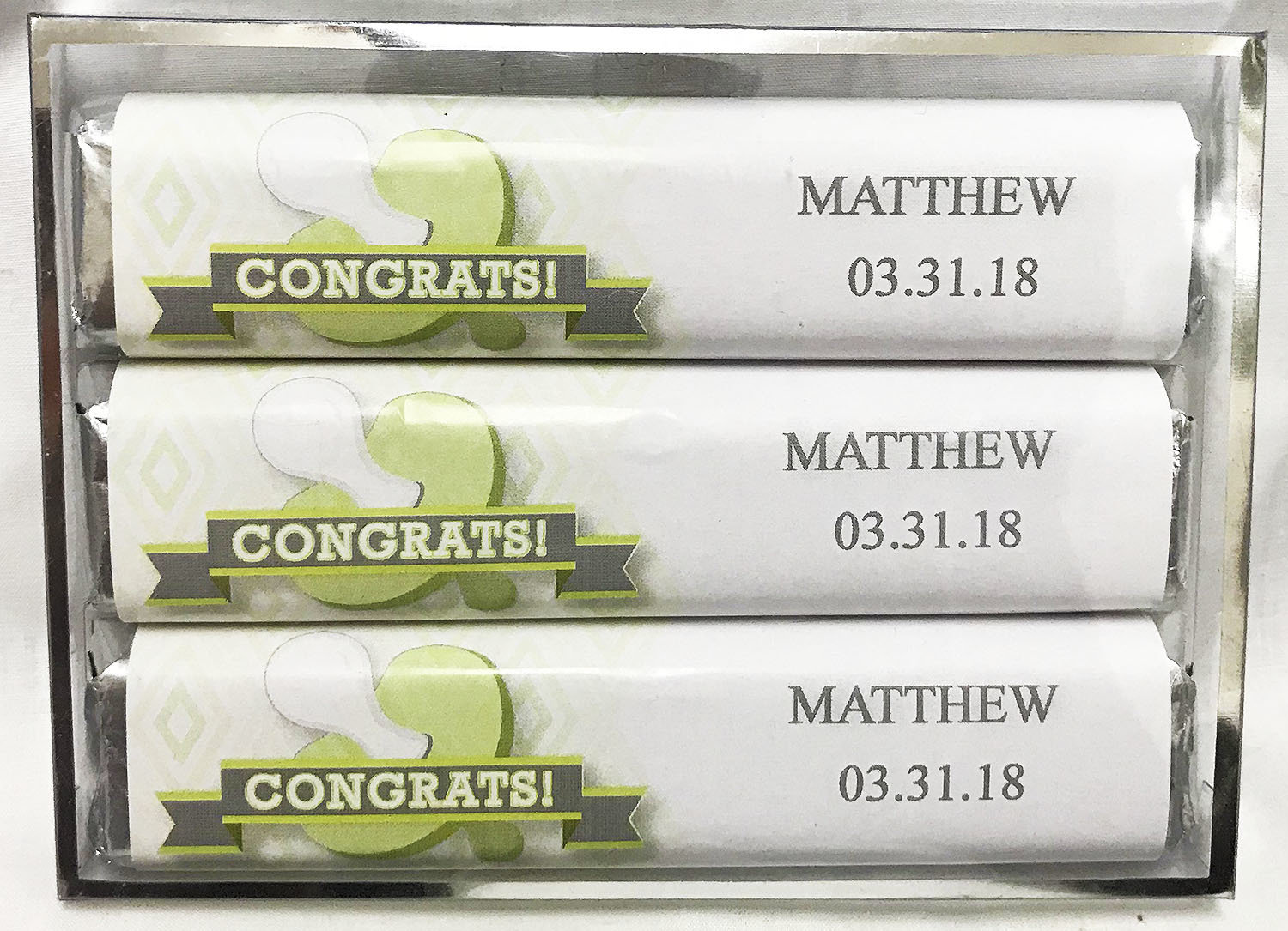 Green Baby Pacifier 3 Pack Candy Bars (Caramel (2)  & Crisp (1))