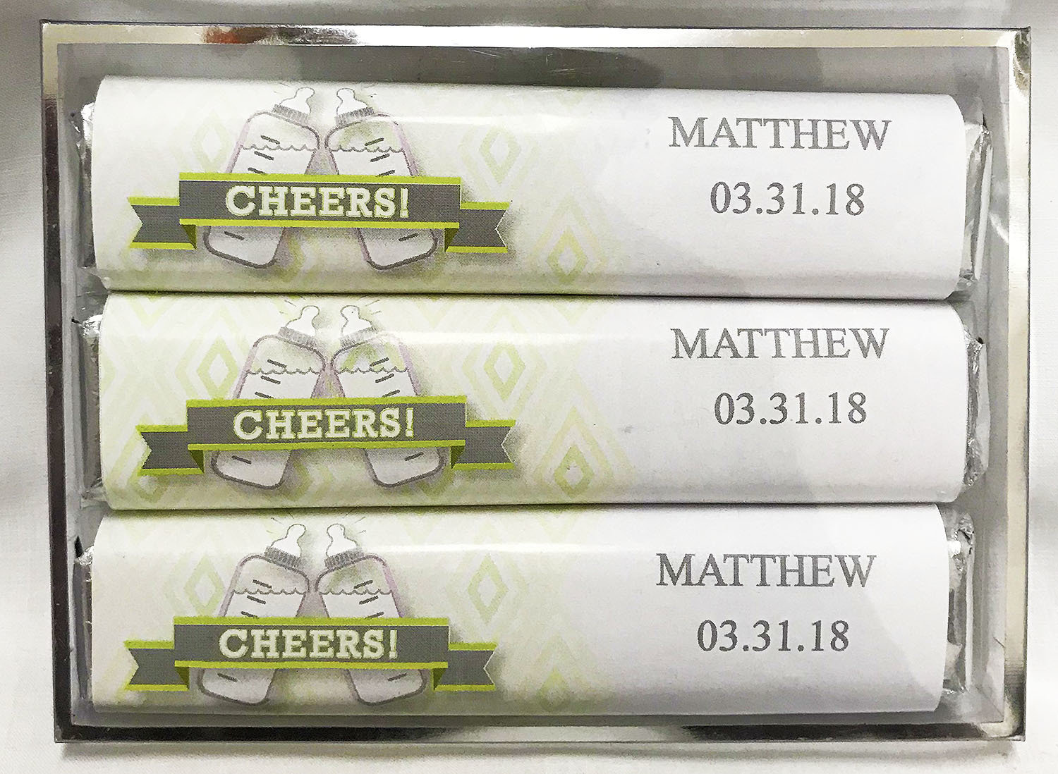 Green Baby Bottle 3 Pack Candy Bars (Caramel (2)  & Crisp (1))