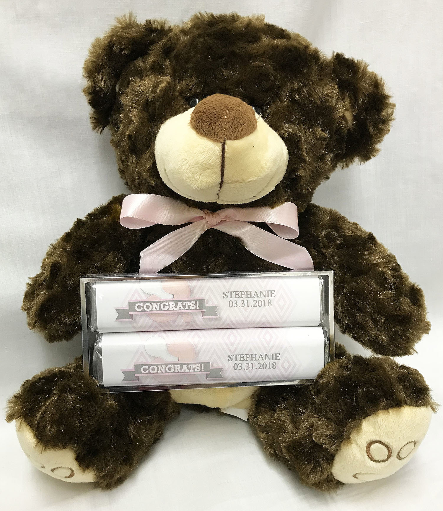 Pink Baby Pacifier Large Plush Bear with 2 Pack Candy Bars