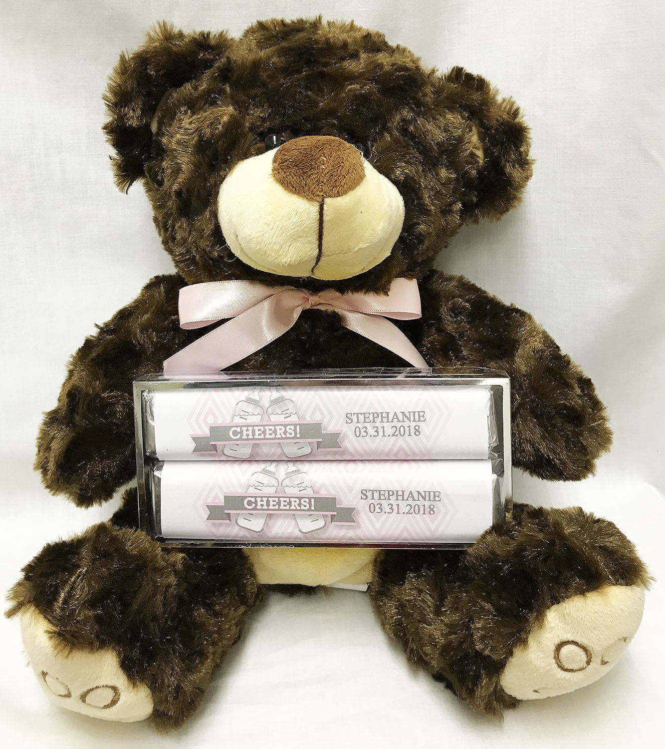 Pink Baby Bottle Large Plush Bear with 2 Pack Candy Bars