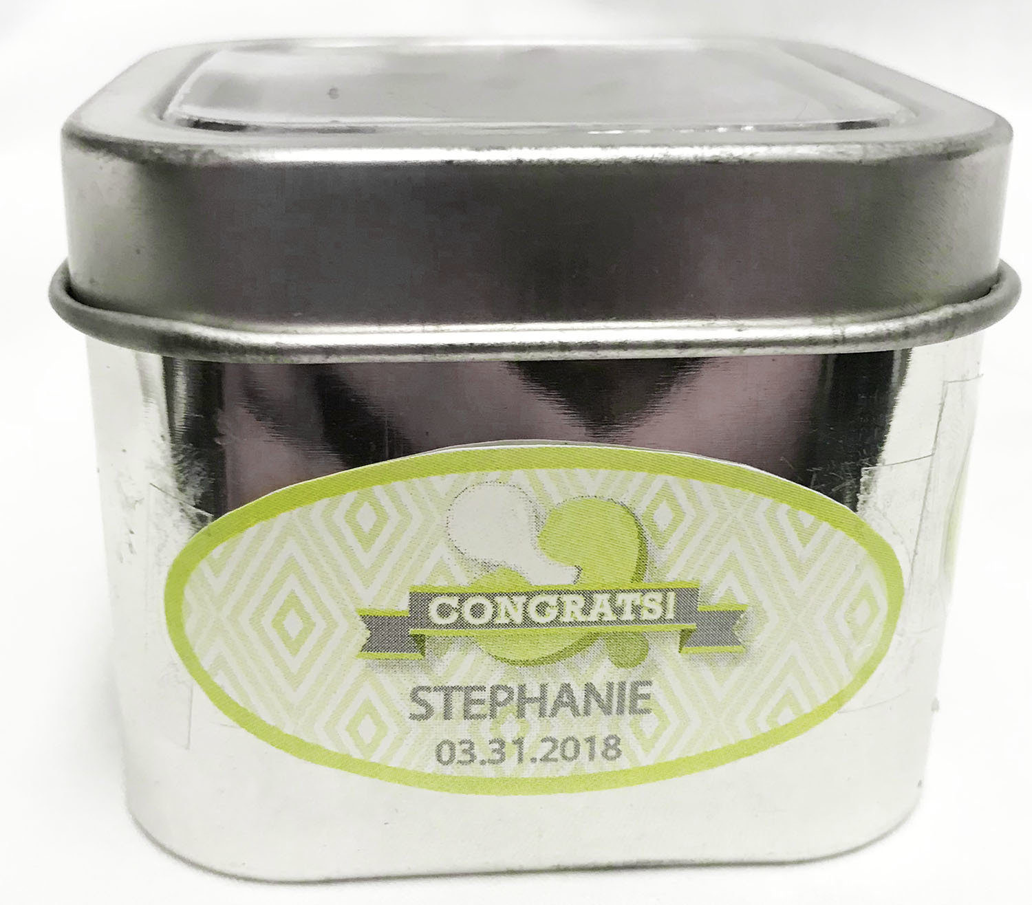 Green Baby Pacifier Short Silver Tin Filled with Any Candy