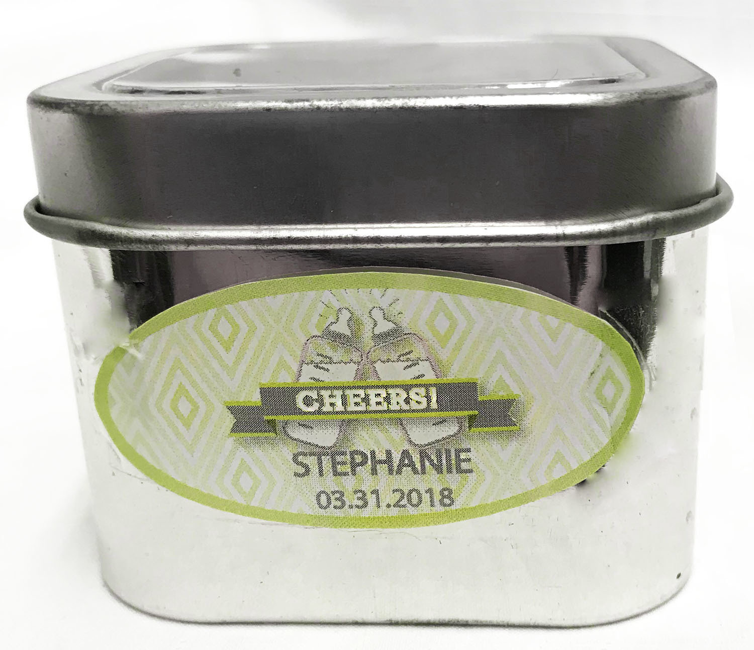 Green Baby Bottle Short Silver Tin Filled with Any Candy