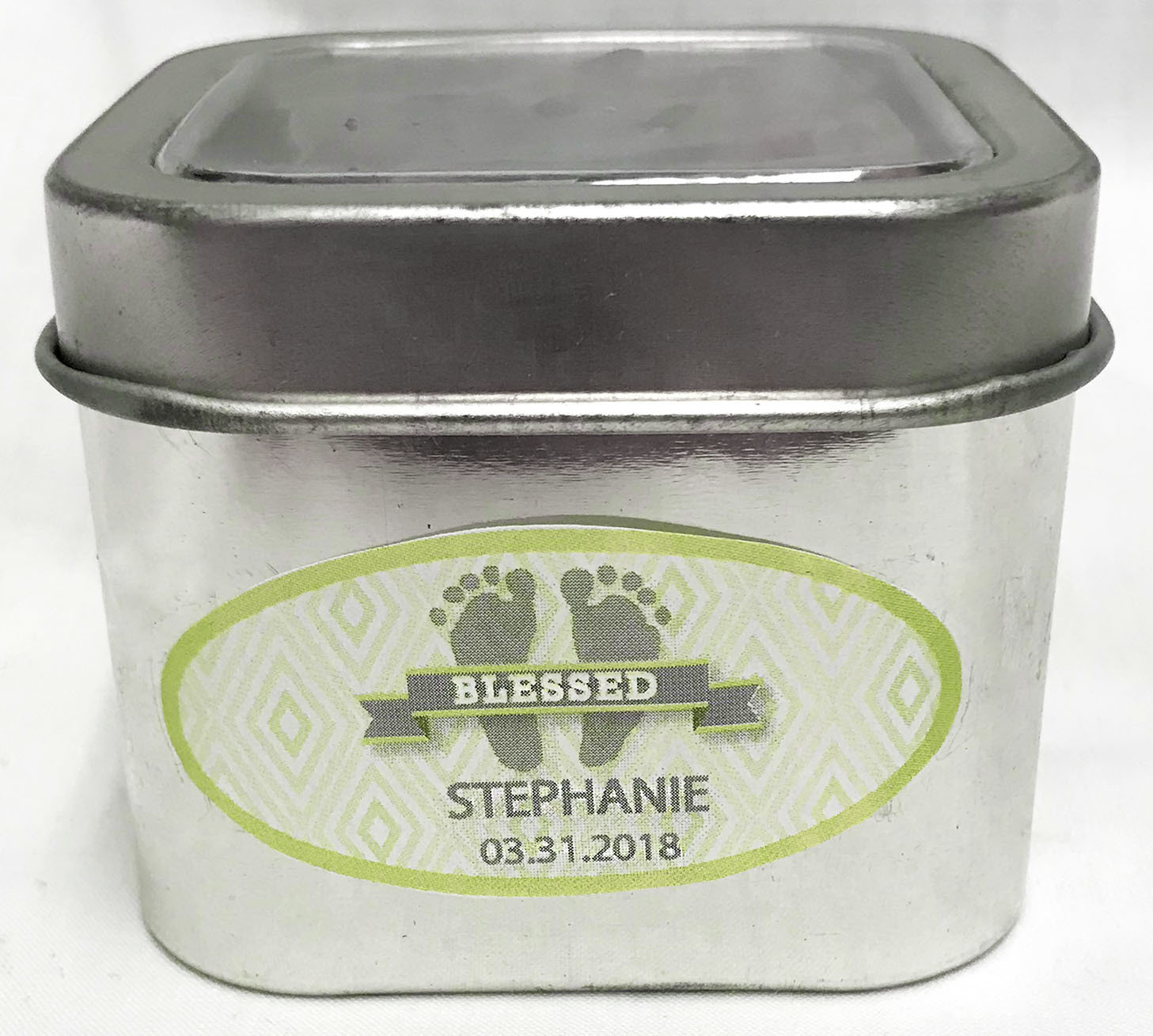 Green Baby Feet Short Silver Tin Filled with Any Candy