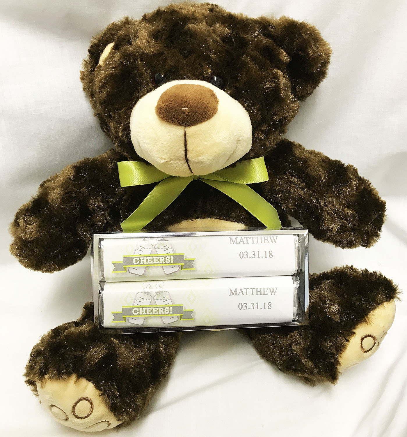 Green Baby Bottle Large Plush Bear with 2 Pack Candy Bars
