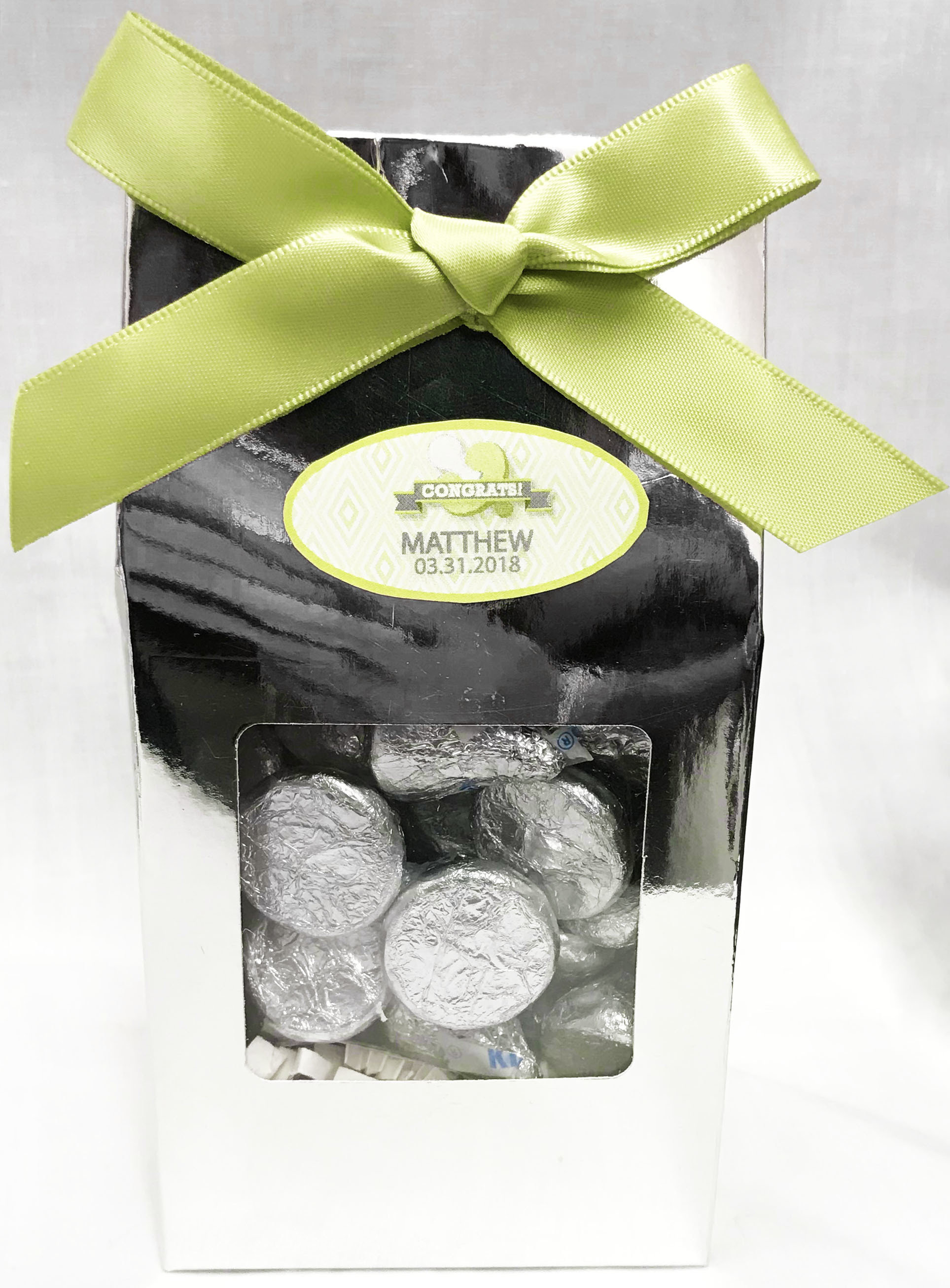 Green Baby Pacifier Gable Box with Kisses Chocolates