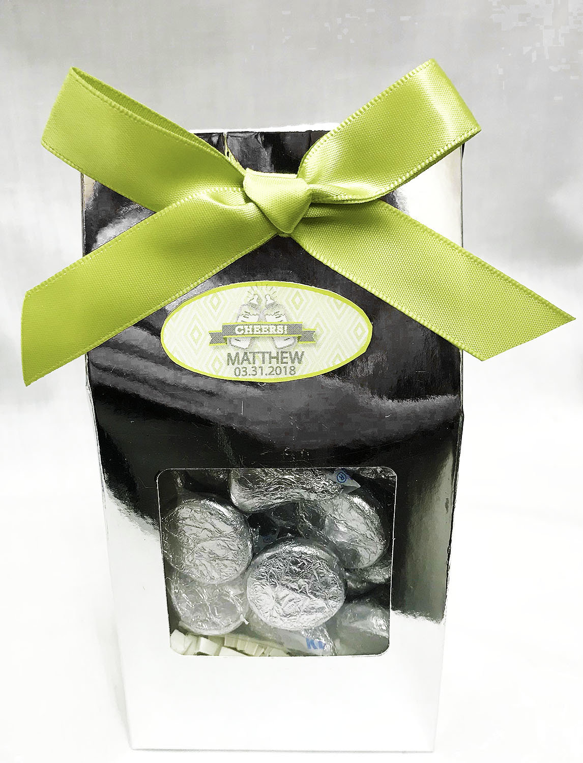 Green Baby Bottle Gable Box with Kisses Chocolates