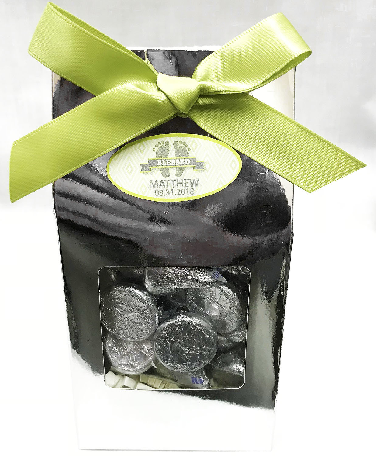 Green Baby Feet Gable Box with Kisses Chocolates