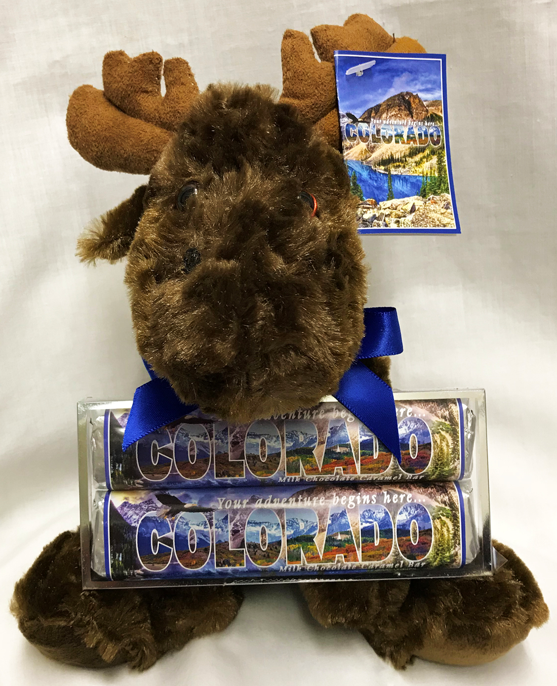 Colorado Large Plush Moose with 2 Pack Candy Bars, Ribbon, & Card Tag