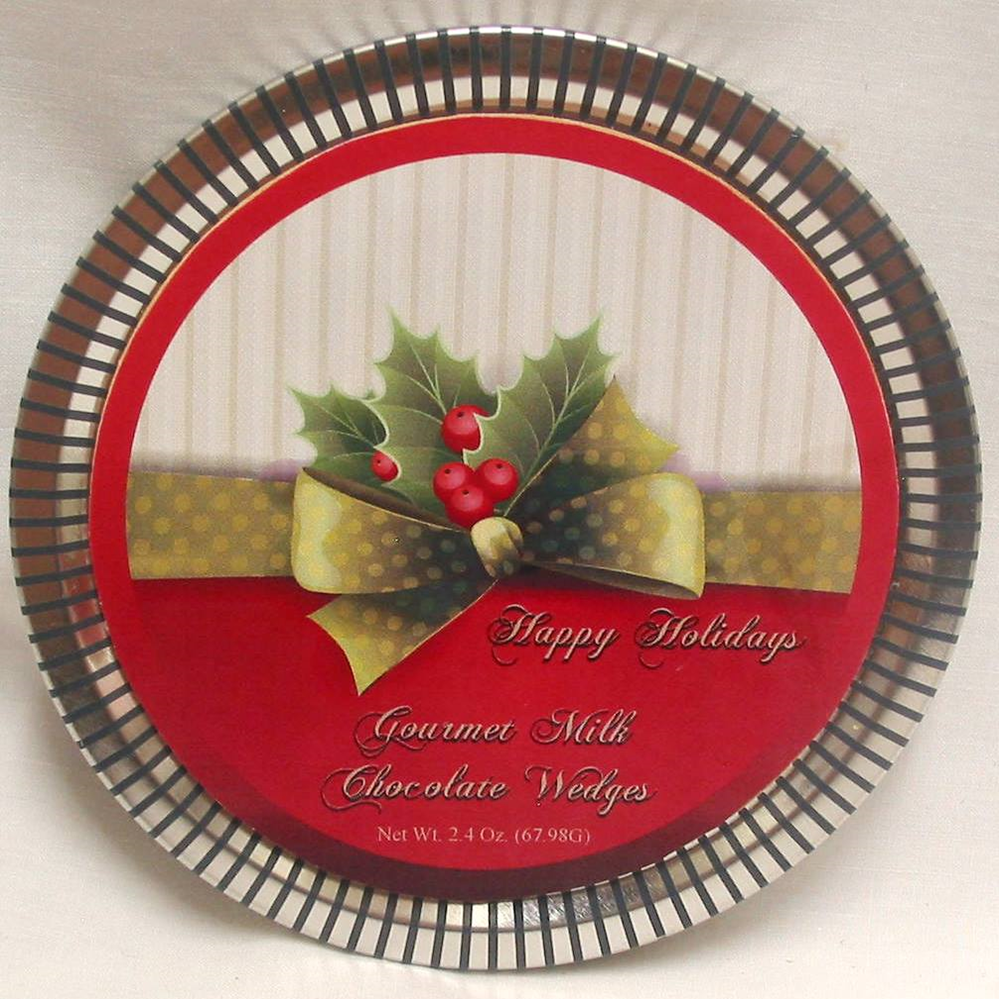 Holly XMAS Holiday Medallion Tin with Gourmet Milk Chocolate Wedges