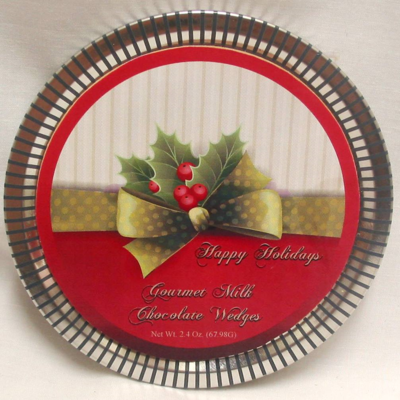 Holly XMAS Holiday Medallion Tin with Gourmet Milk Chocolate Wedges