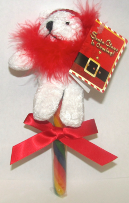 Santa Claus Is Coming Red Bear Finger Puppet on a Swirl Cherry Flavored Lollipop Stick